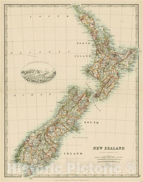 Historic Map : New Zealand, 1875, W. & A.K. Johnston, Vintage Wall Art ...