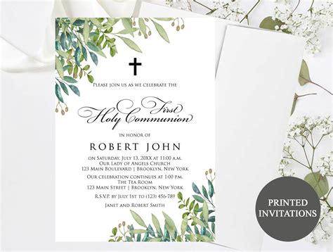 First Holy Communion Invitation #2 | Printed Invitations | Botanical Greenery Leaves | Religious ...