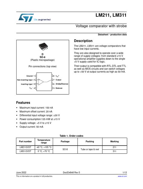 LM311 datasheet, comparator equivalent, STMicroelectronics