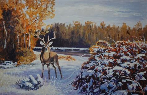 Deer In Winter Scene Painting by Santo De Vita