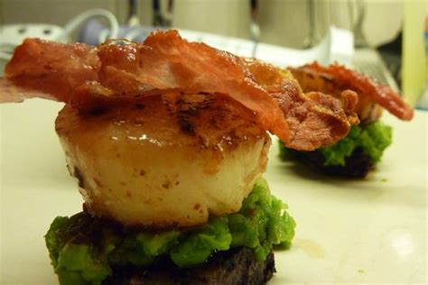 Scallops, black pudding, pea puree and bacon | Black pudding, Gourmet cooking, Chef recipes