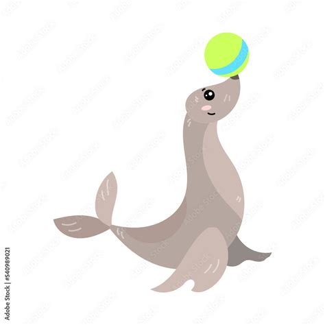 Cute sea lion playing with ball. Trained sea lion balancing ball on nose. Vector illustration ...