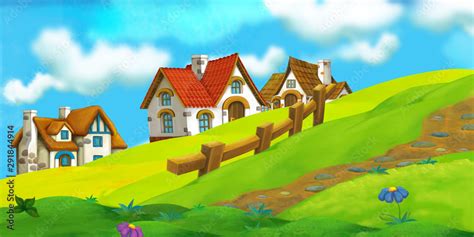 cartoon summer scene with path to the farm village - nobody on scene - illustration for children ...