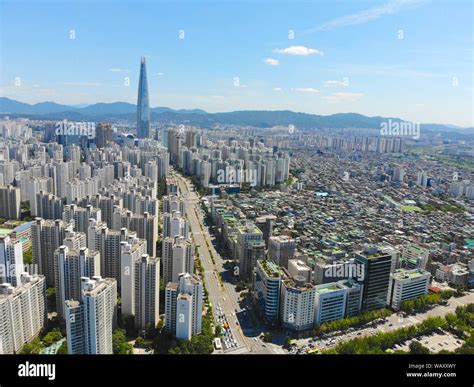 Aerial view cityscape of Seoul, South Korea. Aerial View Lotte tower at ...