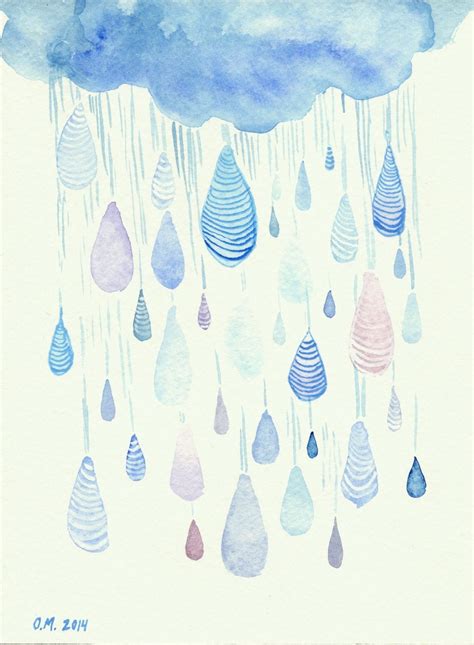 Raindrops Art Original Watercolor Painting Spring Rain