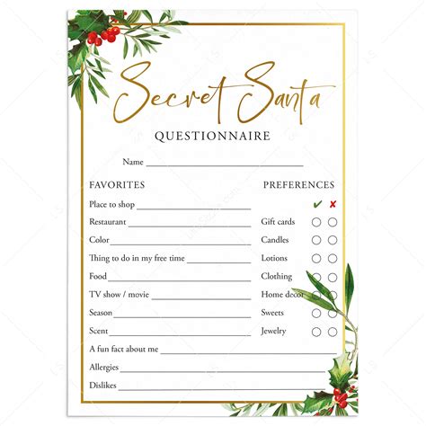 Secret Santa Questions Form for Adults Printable | Holiday Gift Exchange Cards – LittleSizzle