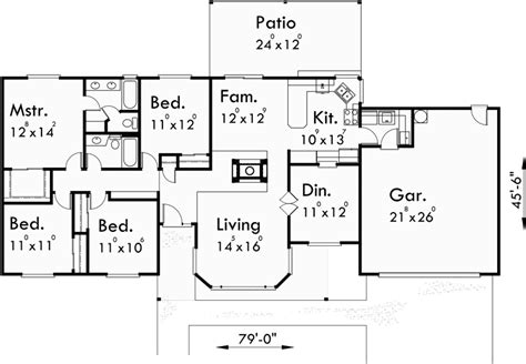 Single Level House Plans, Ranch House Plans, 4 Bedroom House Plan