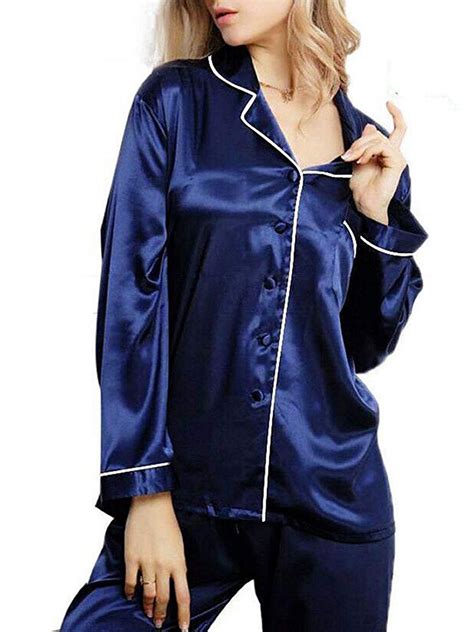 Women Ladies Long Sleeve Silk 2pcs/set Satin Thin Pajamas Suits Summer ...