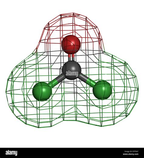 Phosgene chemical warfare agent molecule, chemical structure. Atoms are represented as spheres ...