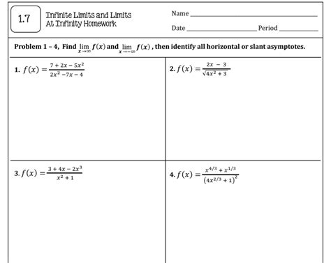 (Solved) - Name 1.7 Infinite Limits and Limits At Infinity Homework Date... (1 Answer) | Transtutors