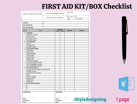 First Aid Box Checklist First Aid Kit Medicine Checklist Medicine Bag ...