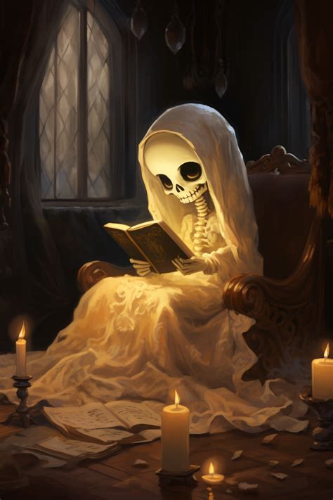 Cute Skeleton Printable Art, Skeleton Reading by Candlelight, Halloween ...