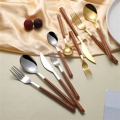 Stainless Steel Cutlery Set,5 Pieces Gold and Sliver Flatware with Wood Handle – LoveStyle