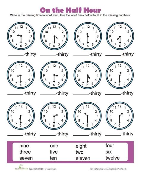 Time to the Half Hour | Worksheet | Education.com | Telling time ...