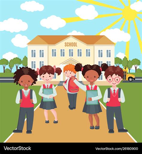 Happy kids on school building background Vector Image