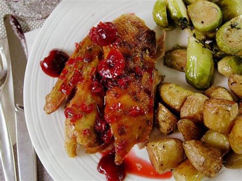 Crisp-Tender Roast Duck with Cherry-Rosemary Sauce Recipe | Ted Allen | Food Network