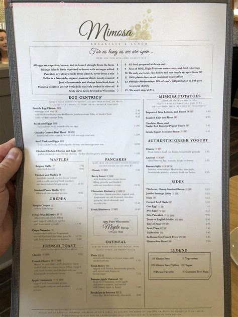 Menu at Mimosa restaurant, Brookfield