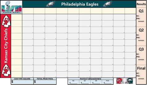 Free printable 2023 Super Bowl Squares template sheet. Chiefs vs ...