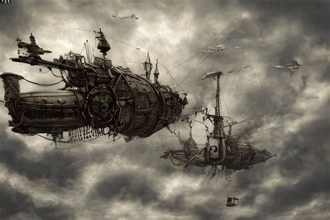 Dark Smoke Filled Sky Steampunk Airship Battle · Creative Fabrica