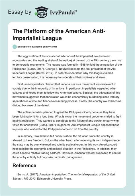 Platform of American Anti-Imperialist League - 289 Words | Essay Example