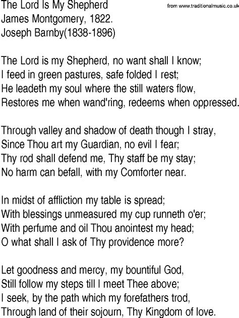 Hymn and Gospel Song Lyrics for The Lord Is My Shepherd by James Montgomery