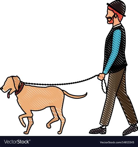 Drawing bearded gentleman man walking with dog Vector Image