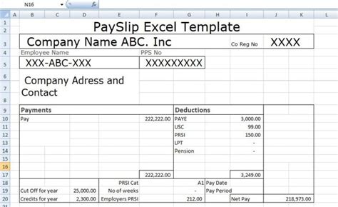 a spreadsheet showing the pay slip excel template for company name abcc inc