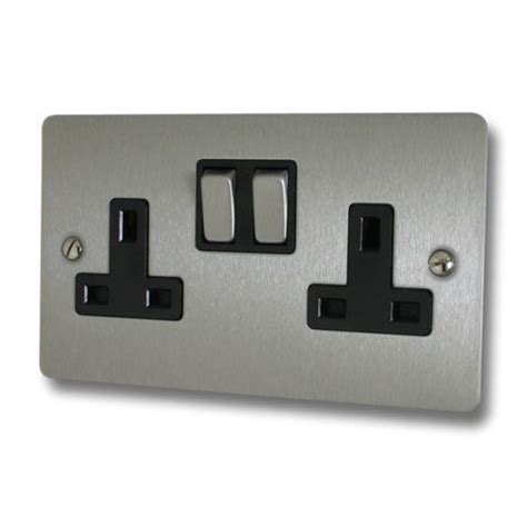 Flat Brushed Steel Double Socket (Black Insert/Satin Chrome Switches) | Brushed steel, Flat ...