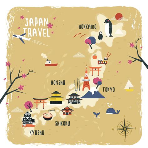 Premium Vector | Cute Japan travel map design with attractions