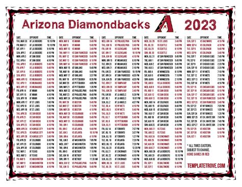 Printable 2023 Arizona Diamondbacks Schedule