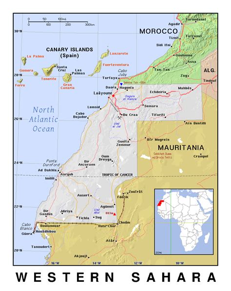 Detailed political map of Western Sahara with relief | Western Sahara | Africa | Mapsland | Maps ...