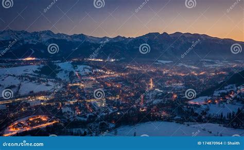 Beautiful Illuminated Zakopane City in Winter at Night, Aerial View ...