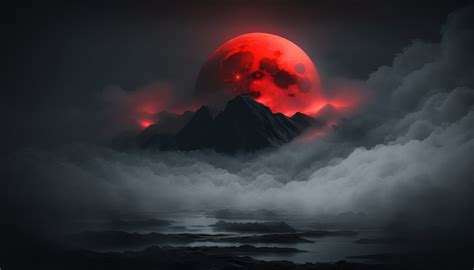 Wallpaper : ai art, Blood moon, mist, clouds, mountains, water ...