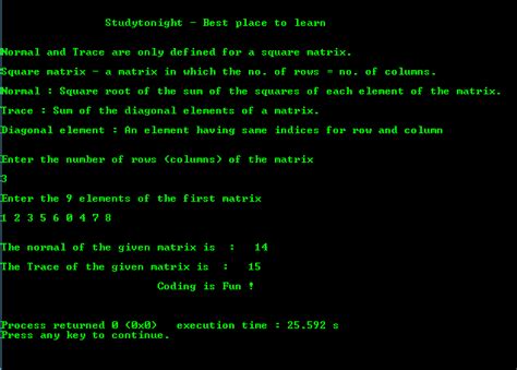 Program to find Normal and Trace of a Square Matrix | C Programs | Studytonight