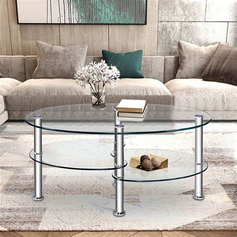 Costway Tempered Glass Oval Side Coffee Table Shelf Chrome Base Living ...