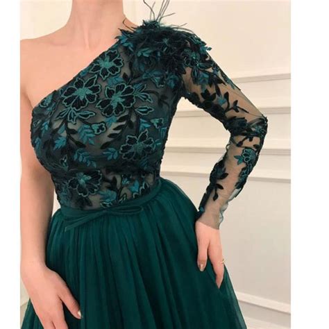 Green prom dresses 2020 one shoulder feather chiffon a line evening dresses formal dresses ...