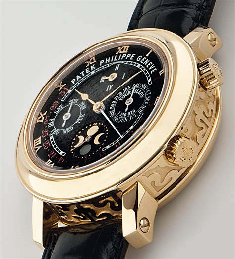 Patek Philippe Sky Moon Tourbillon Gold Black Leather Strap watch ...