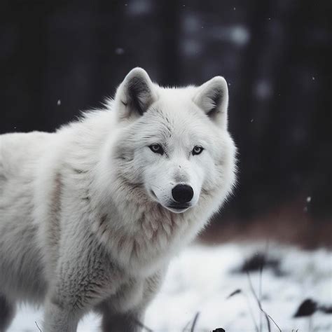 Premium AI Image | A white wolf with blue eyes walks in the snow.