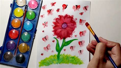 Painting a beautiful flower with butterflies using water colors الرسم ...