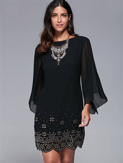 [38% OFF] Bell Sleeve Scalloped Long Sleeve Shift Dress | Rosegal