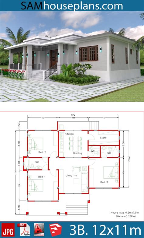 House Plans 12x11m with 3 Bedrooms - SamHousePlans