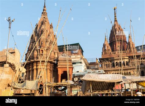 India, Varanasi, 27 Mar 2019 - A view of the ghats Ratneshwar Mahadev, Manikarnika Ghat and ...