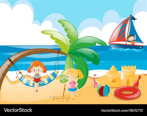 Beach scene with kids playing Royalty Free Vector Image