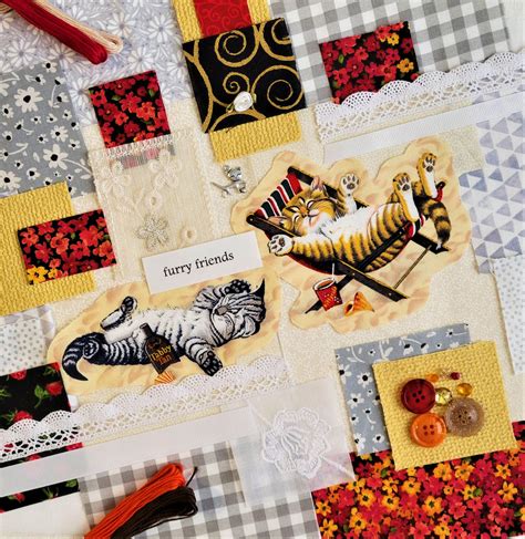 Fabric Collage Kit / Slow Stitch Kit Kittens Large - Etsy