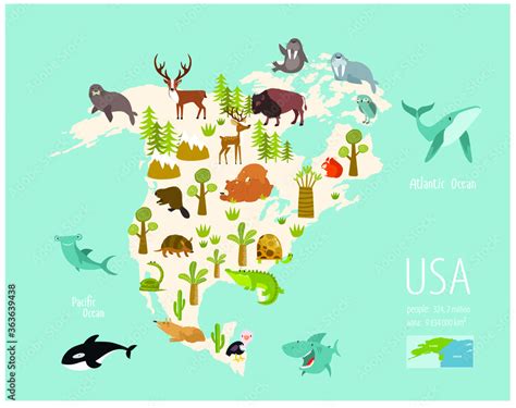 Vector map of America with animals. Cartoon wild animals. Poster for children. Training ...