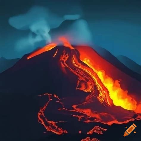 Volcanic landscape with smoking volcano and flowing lava