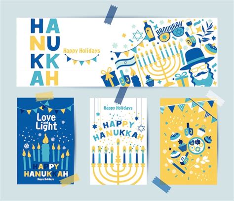 Premium Vector | Set of colors four hanukkah greeting cards and banner with candles