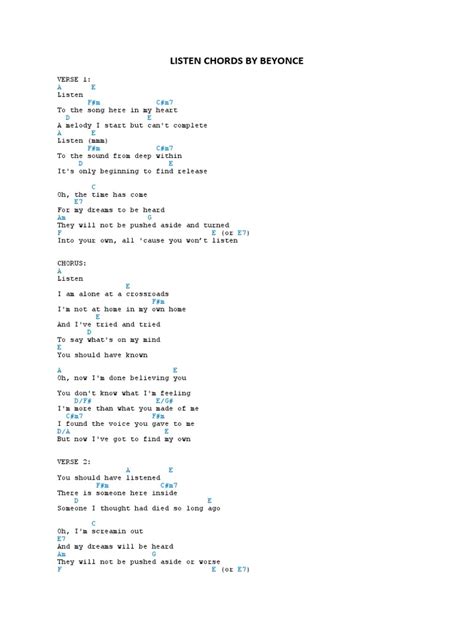 Listen Chords by Beyonce | PDF | Song Structure | Pop Music