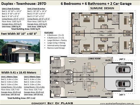 Buy Narrow Duplex - Townhouse Concept House Plans -Slimline Dual Family Floor Plan: Full ...