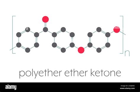 Polyether ether ketone (PEEK) polymer, chemical structure. Stylized skeletal formula: Atoms are ...